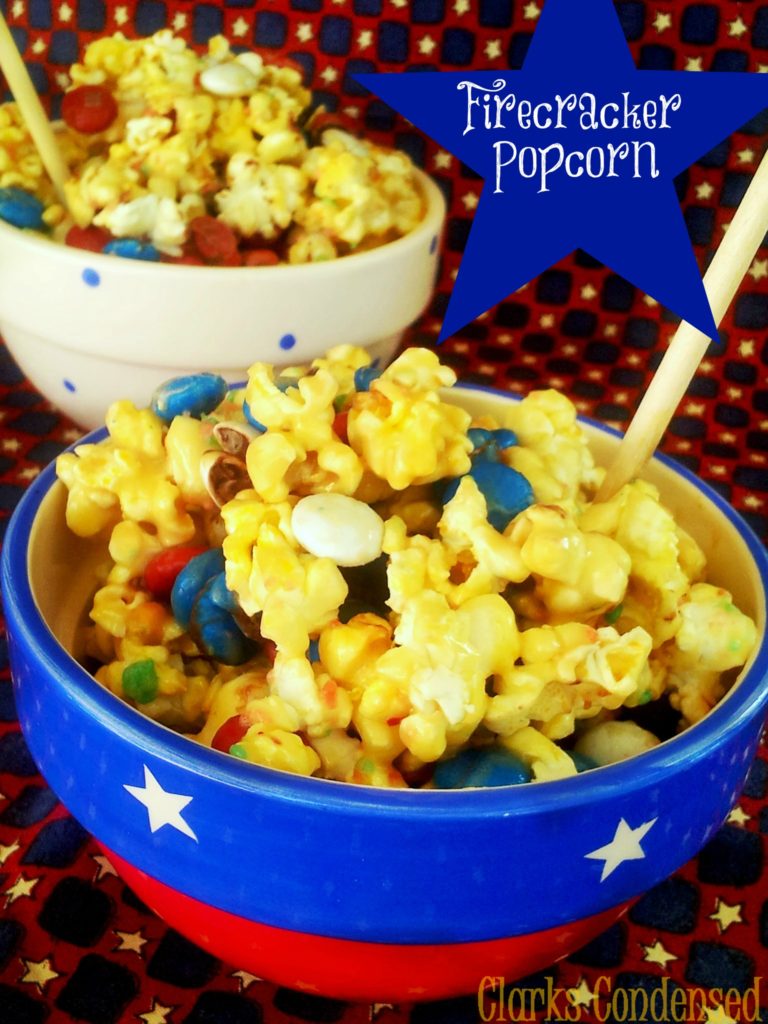 Red, White and Blue Popcorn with an added crackle (Pop Rocks) that is sure to put a nice spark in your Independence Day! #fourthofjuly #clarkscondensed