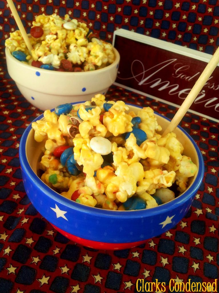 Red, White and Blue Popcorn with an added crackle (Pop Rocks) that is sure to put a nice spark in your Independence Day! #fourthofjuly #clarkscondensed