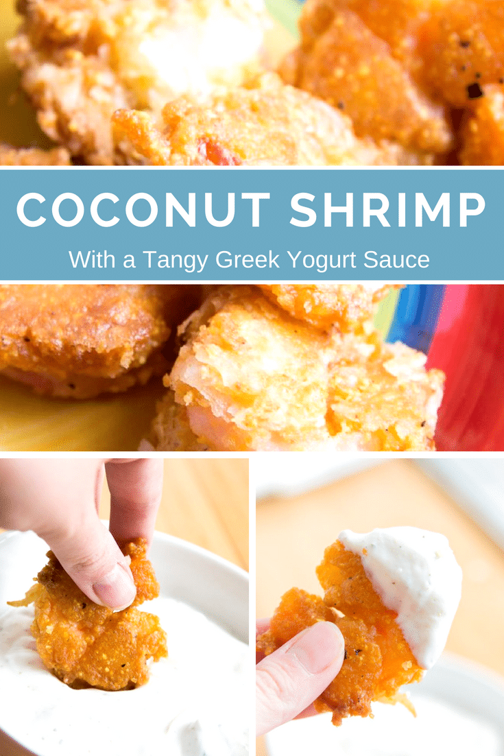 Homemade crispy and sweet coconut shrimp with a tangy Greek Yogurt Sauce. Sooooo good!