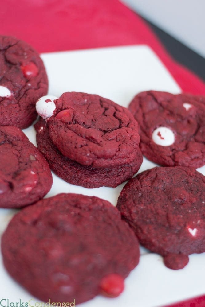 Red Velvet Cake Mix Cookies with Red Velvet M&MS