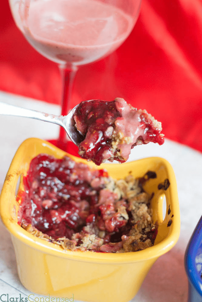 A delicious, layered berry crumble (with portions for two, or a larger version, listed)