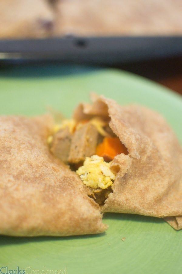 Healthy Breakfast Burritos - filled with diced sweet potatoes, turkey sausage, eggs, and salsa, and wrapped in a wheat torti…