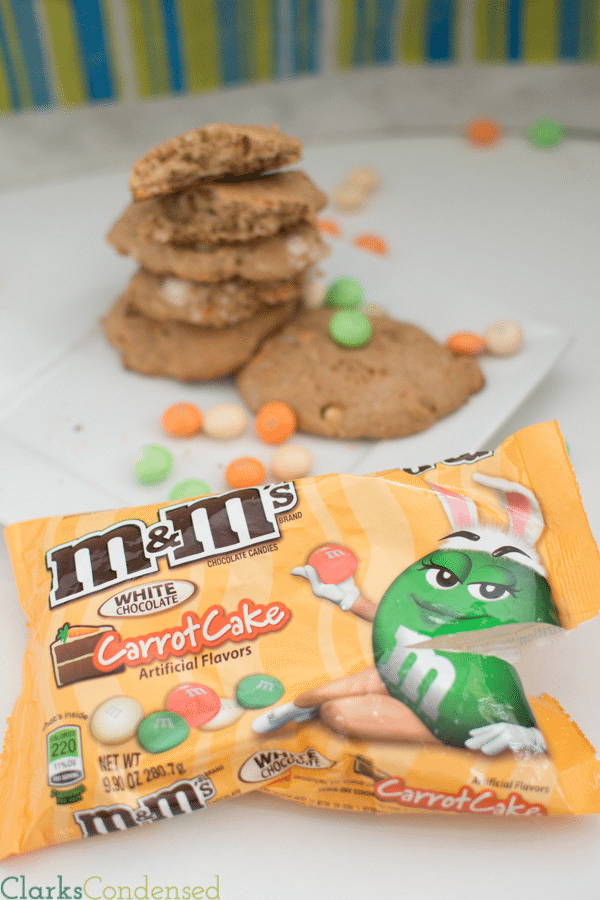 Carrot Cake Cookie Recipe: These cookies are simple, soft, and delicious! Made with a cake mix, these carrot cake cookies just very cake-like because of pineapple, and the added addition of carrot cake M&Ms (or white chocolate chips) help make them melt in your mouth!