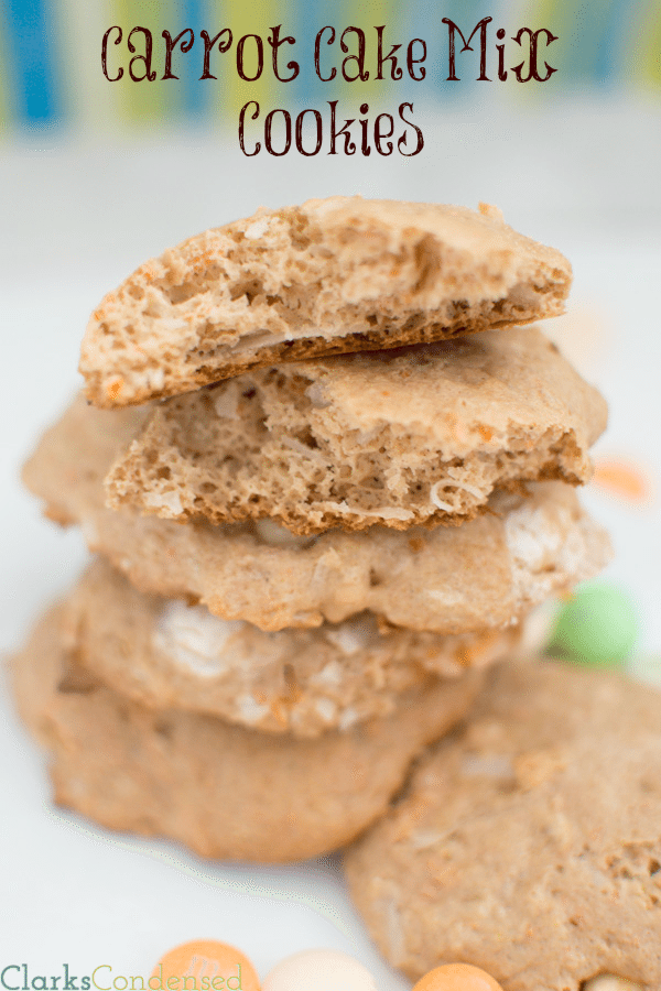 Carrot Cake Cookie Recipe: These cookies are simple, soft, and delicious! Made with a cake mix, these carrot cake cookies just very cake-like because of pineapple, and the added addition of carrot cake M&Ms (or white chocolate chips) help make them melt in your mouth!