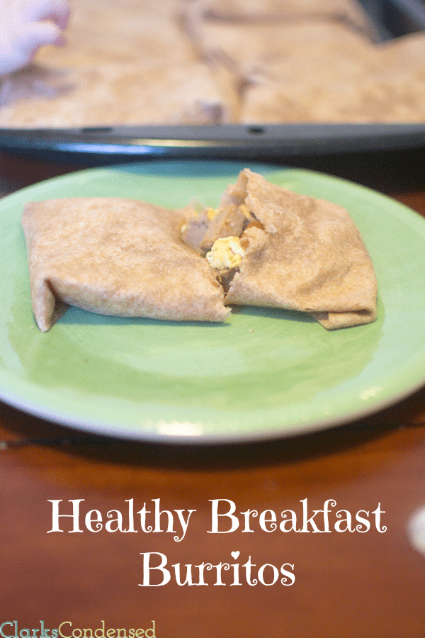 Healthy Breakfast Burritos - filled with diced sweet potatoes, turkey sausage, eggs, and salsa, and wrapped in a wheat torti…