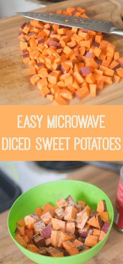 Easy mcrowave diced sweet potatoes -- seasoned with garlic, italian seasoning, and spicy seasoning, and cooked in coconut oil, these are a delicious side dish or snack