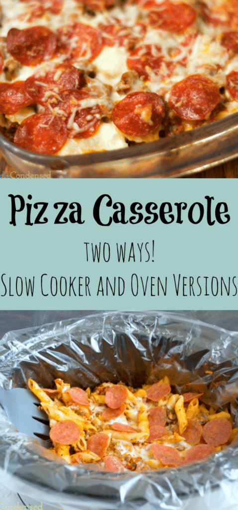 Pizza Casserole -- made two ways! This casserole is incredibly easy and delicious, and this post shares two simple ways to make it in either the stove or the slow cooker!