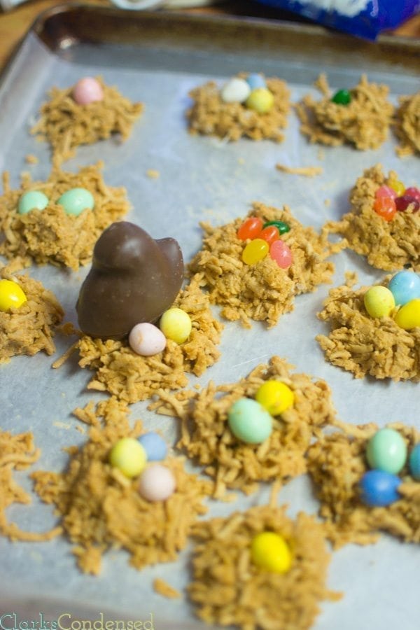 Throw away the stress of making a perfect dessert this Easter — these coconut and butterscotch bird’s nests are SO easy, and pretty much everyone can enjoy them. Switch things up by using jelly beans, M&Ms, or even chocolate covered duck peeps in the nest!