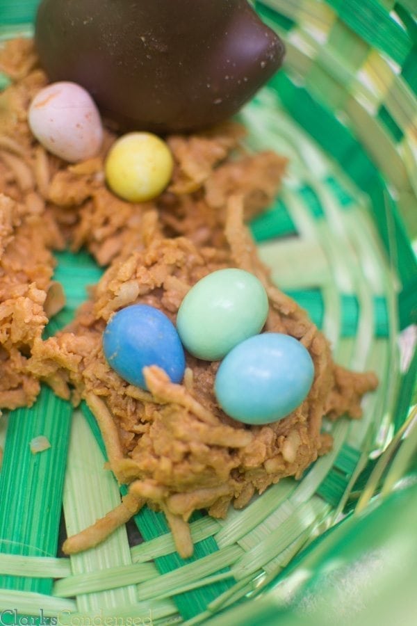 Throw away the stress of making a perfect dessert this Easter — these coconut and butterscotch bird’s nests are SO easy, and pretty much everyone can enjoy them. Switch things up by using jelly beans, M&Ms, or even chocolate covered duck peeps in the nest!