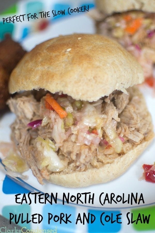 {{Slow Cooker Pulled Pork}} This eastern Carolina bbq pulled pork has the perfect amount of vinegar, heat, and sweetness. It's especially delicious when piled on top of a homemade hamburger bun, and topped with North Carolina style cole slaw. 