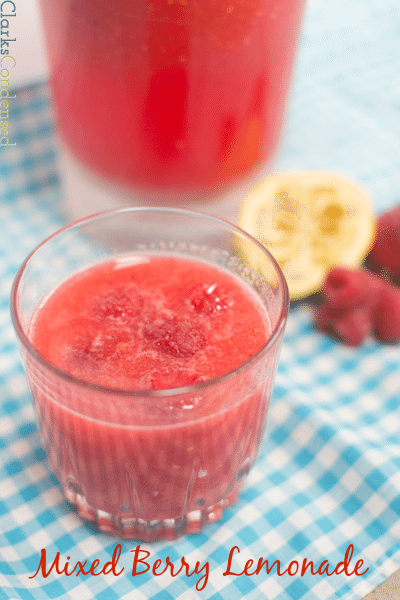 This mixed berry lemonade is perfect for summertime. It's made with strawberries, raspberries, and lemon!