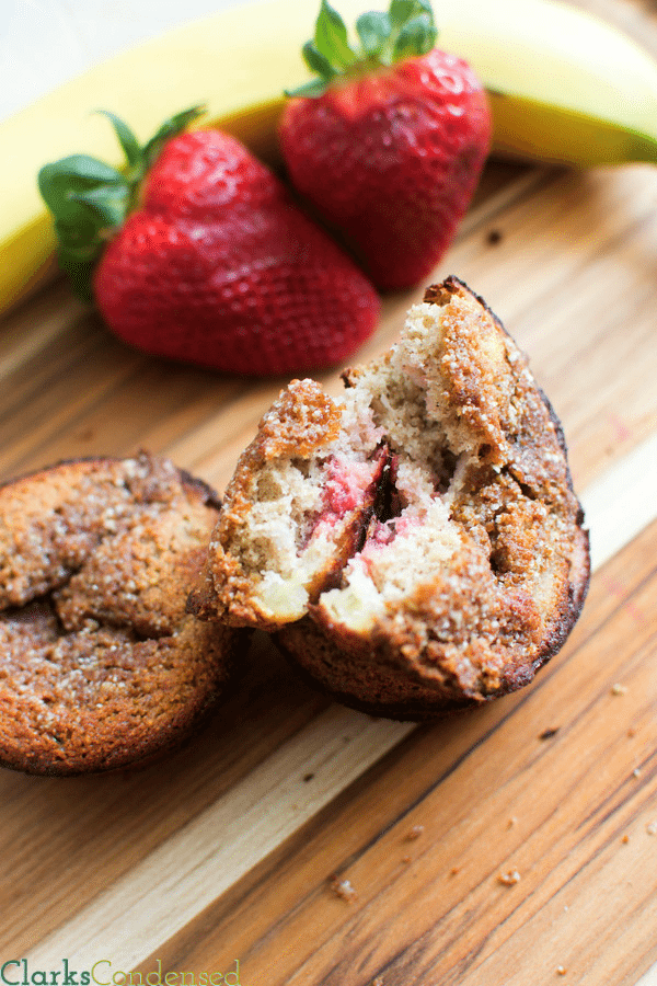 A healthy, gluten free muffin that's made with buckwheat flour, bananas, strawberries, honey, and more. These muffins are perfect for breakfasts on the go, and are completely guilt free, even with the tasty struesel topping. 