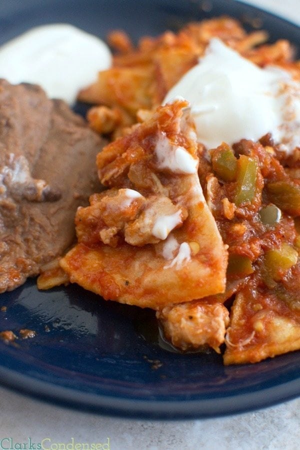 Chilaquiles are perfect for breakfast or dinner and can be as spicy or mild as you want. It is a very simple meal, made with corn tortillas, shredded chicken, and salsa. 