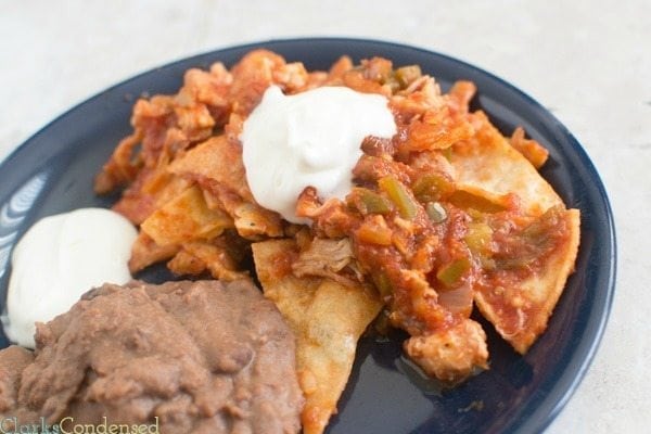 Chilaquiles are perfect for breakfast or dinner and can be as spicy or mild as you want. It is a very simple meal, made with corn tortillas, shredded chicken, and salsa. 