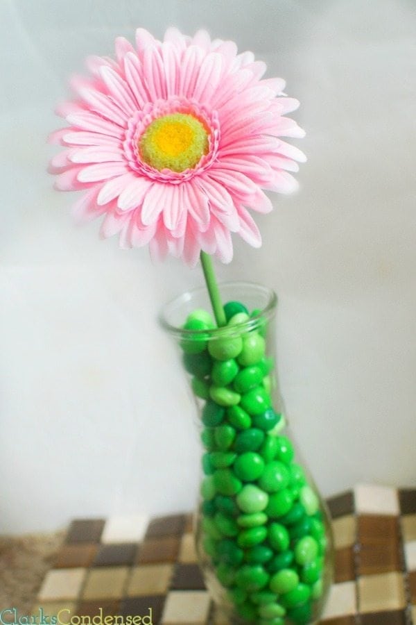 Looking for a simple wedding centerpiece? This M&M flower vase takes minutes to put together and is easily customizable. This post also has five other fun ways to use M&Ms at your wedding!