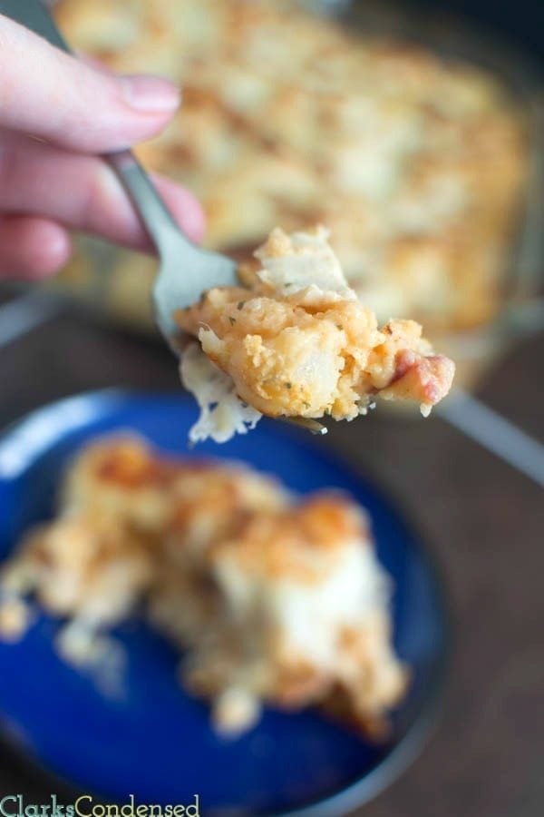 This potato and buffalo chicken casserole is super easy to throw together and absolutely delicious! It has potatoes, ranch dressing, bacon, onions, cheese, panko, and more!