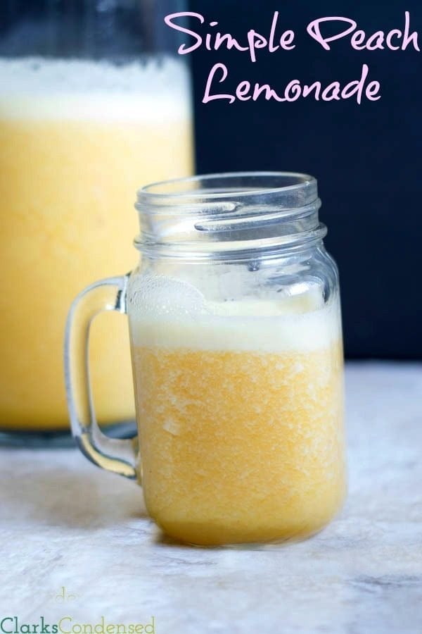 This easy peach lemonade is sure to be a hit at any party! It disappeared so quickly at our last one!