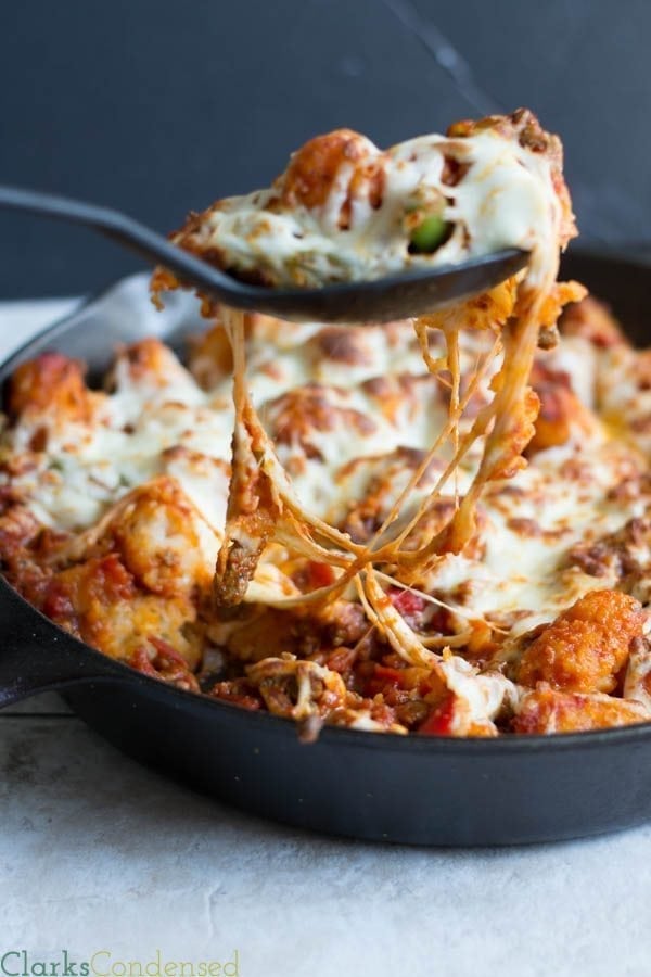 {{20 minutes, One dish!}} This is a tator tot casserole, all grown up! Tator tots, spaghetti sauce, sausage crumbles, veggies, and mozzarella cheese! Everyone is sure to love this dish. 