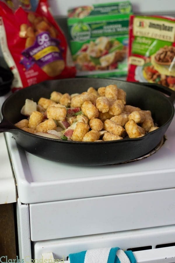 {{20 minutes, One dish!}} This is a tator tot casserole, all grown up! Tator tots, spaghetti sauce, sausage crumbles, veggies, and mozzarella cheese! Everyone is sure to love this dish. 