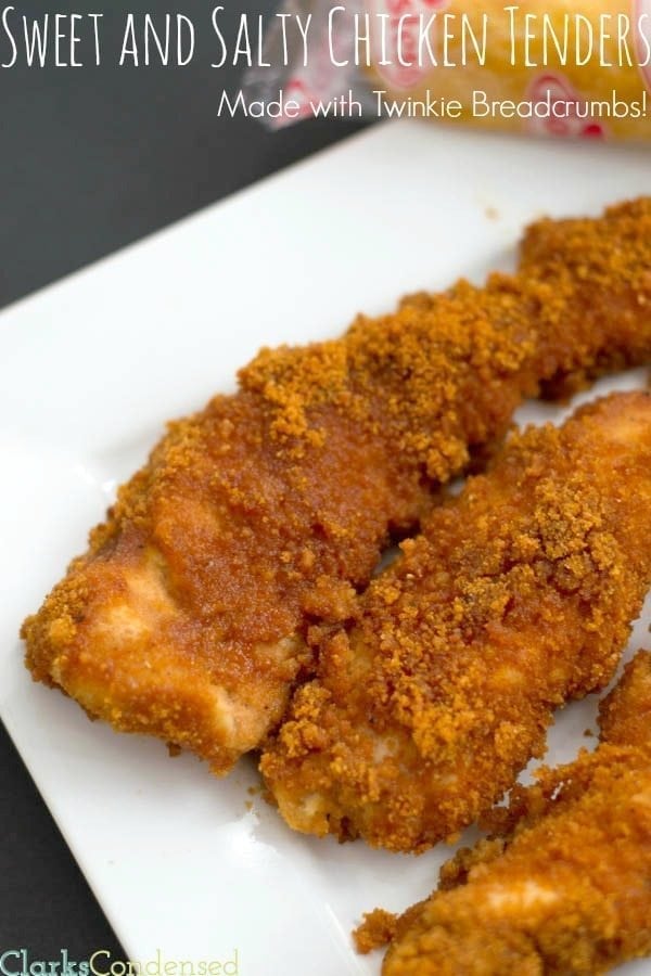 Sweet and Salty Chicken Tenders -- the breading is made with Twinkies! You don't want to miss out on this one-of-a-kind recipe!