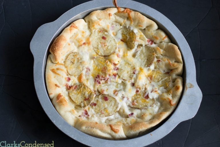 This Bacon and Potato pizza is topped with a creamy ranch sauce, seasoned potato slices, crispy bacon, and a combination of cheddar and mozzarella cheese. Definitely a great choice for any pizza night! 