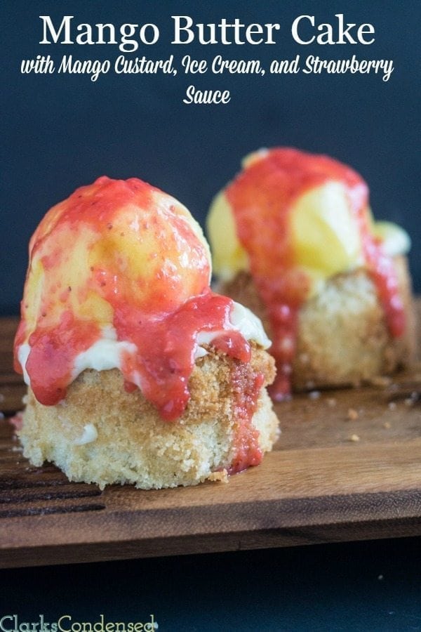 Copycat Tucanos Mango Butter cake, topped with a creamy mango custard, mango sorbet, and a sweet strawberry sauce. 