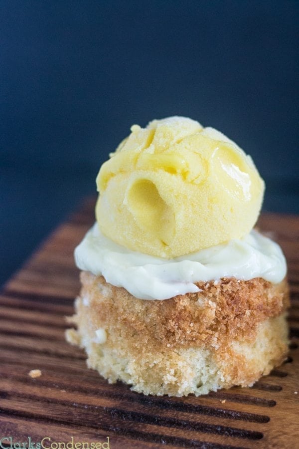 mango butter cake with mango sorbet and custard