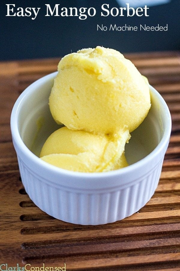 Easy mango sorbet -- no sorbet machine needed! You can easily do this recipe with any fruit!