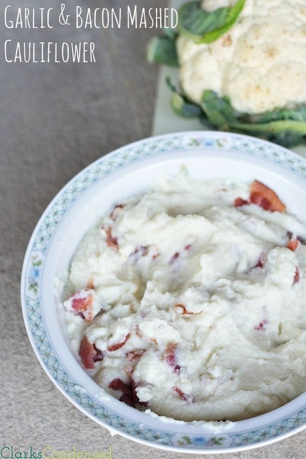 A low carb alternative to mashed potatoes -- garlic & bacon mashed cauliflower! 