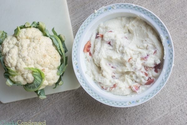 A low carb alternative to mashed potatoes -- garlic & bacon mashed cauliflower! 