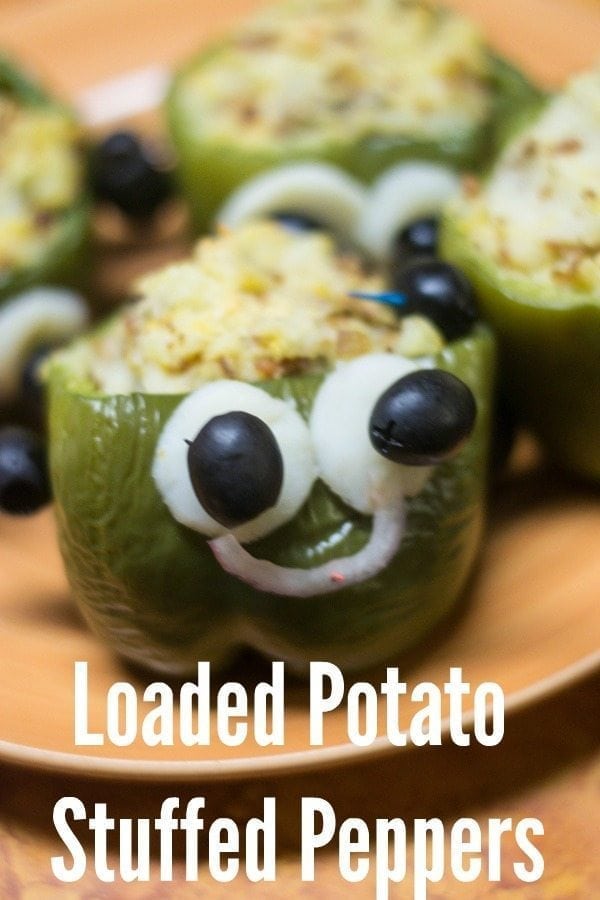 Loaded potato stuffed peppers, made to look like monsters for Halloween!