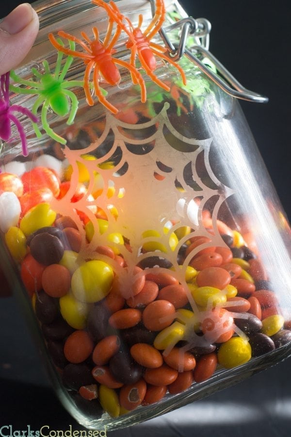 This spider candy jar is super easy and fun to make. It is made using glass etching techniques and is a great silhouette halloween project!