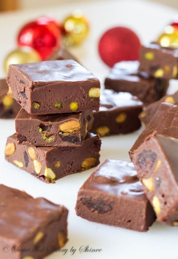 This rich chocolate fudge with salty pistachios and tart cherries is perfect for your holiday dessert table. One word: decadent!