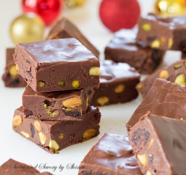 This rich chocolate fudge with salty pistachios and tart cherries is perfect for your holiday dessert table. One word: decadent!