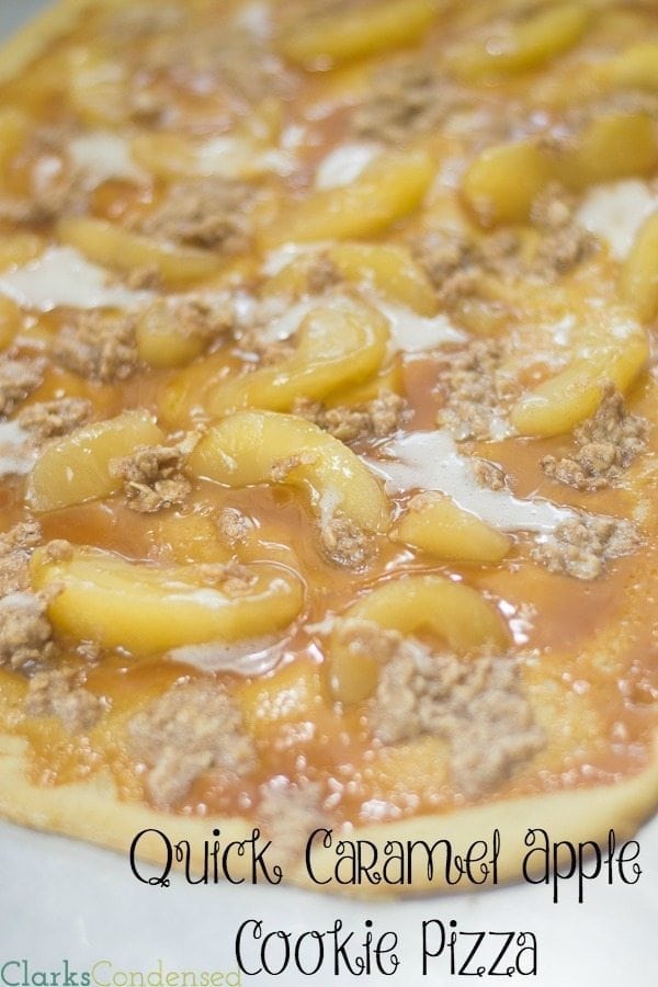 An easy caramel apple cookie pizza that can be put together in less than 20 minutes.  This is one of our family's favorites!
