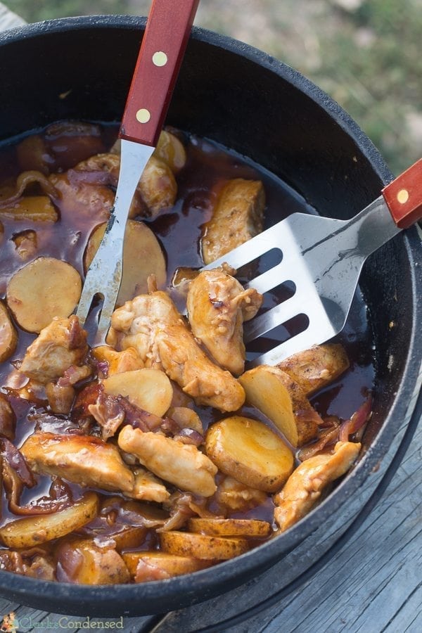 If you are looking for the best camping food recipe, look no further! This BBQ Dutch Oven Chicken and Potatoes recipe couldn't be easier, and it will absolutely be a big hit on your next camping trip. Soooo yummy! You won't ever need another dutch oven chicken recipe again.