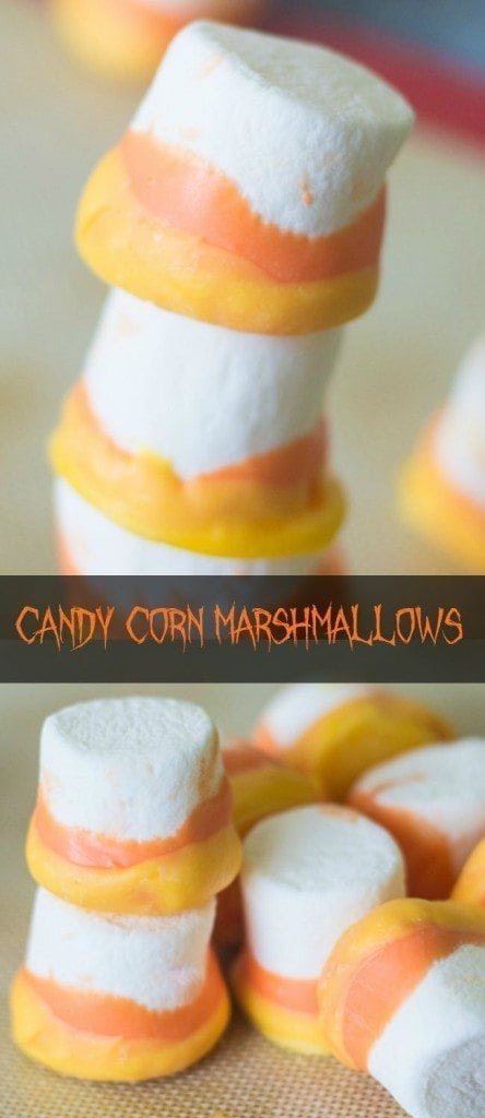 These candy corn marshmallows are a very simple Halloween treat (perfect for Halloween parties), and they are easy enough for kids to make!