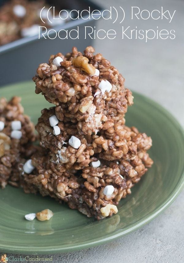 Loaded Rocky Road Rice Krispie Treats - filled with chocolate, marshmallows, and nuts, these are the best rice krispie treats you'll ever have!