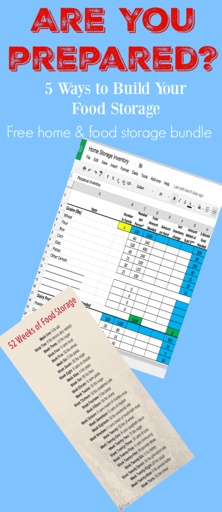 5 ways to build your food storage and free food storage inventory spreadsheet and 52 weeks of food storage printable. 