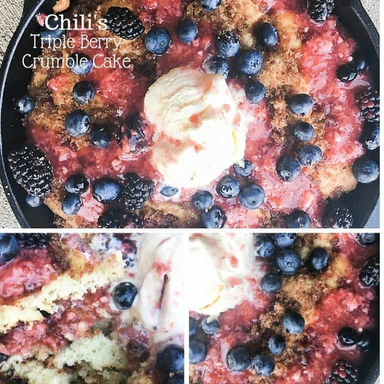 Copycat Chili's Triple Berry Crumble Cake - this is the perfect fruit based cake. It's made with a skillet coffee cake and is topped with fresh berries, including a strawberry glaze. 