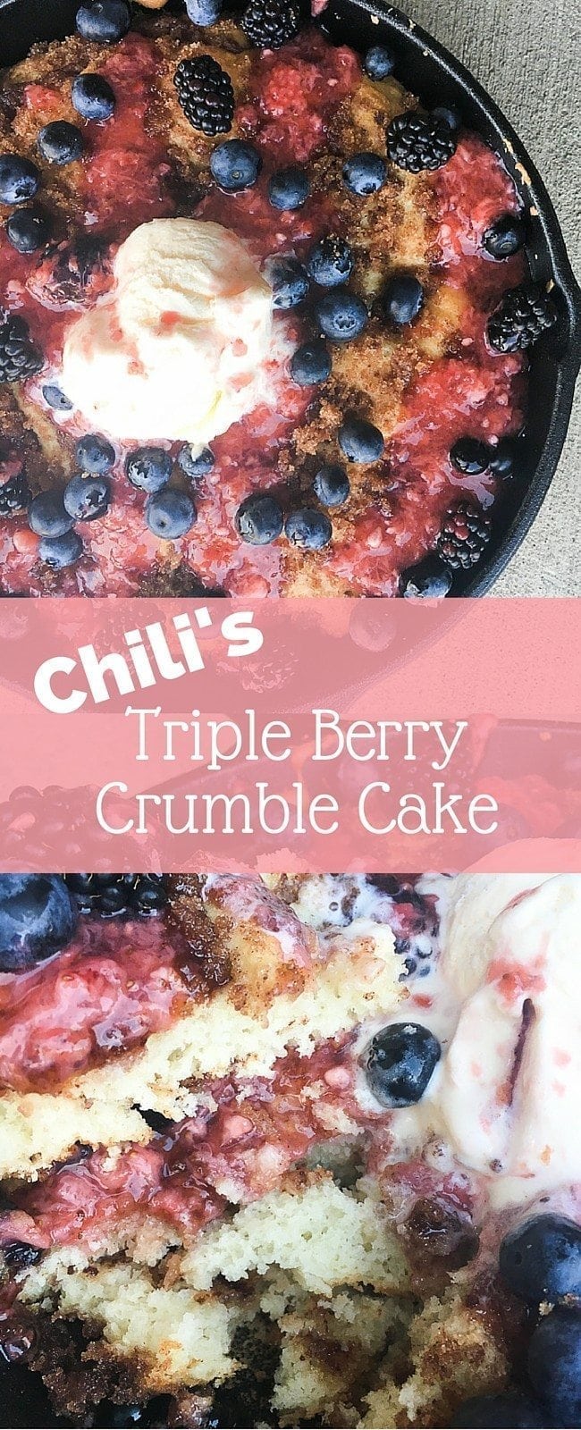 Copycat Chili's Triple Berry Crumble Cake - this is the perfect fruit based cake. It's made with a skillet coffee cake and is topped with fresh berries, including a strawberry glaze. 