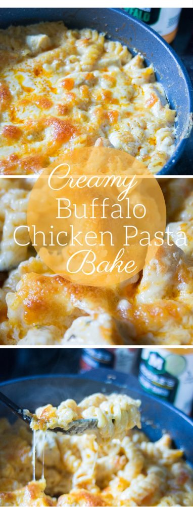 Creamy buffalo chicken pasta bake - this can easily be made in one dish, and it's the perfect weeknight meal!