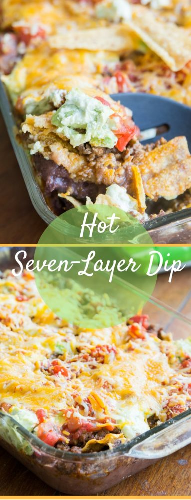 This hot seven layer dip has all the flavor of a regular seven layer dip, but it's warm and amazing when served with chips!