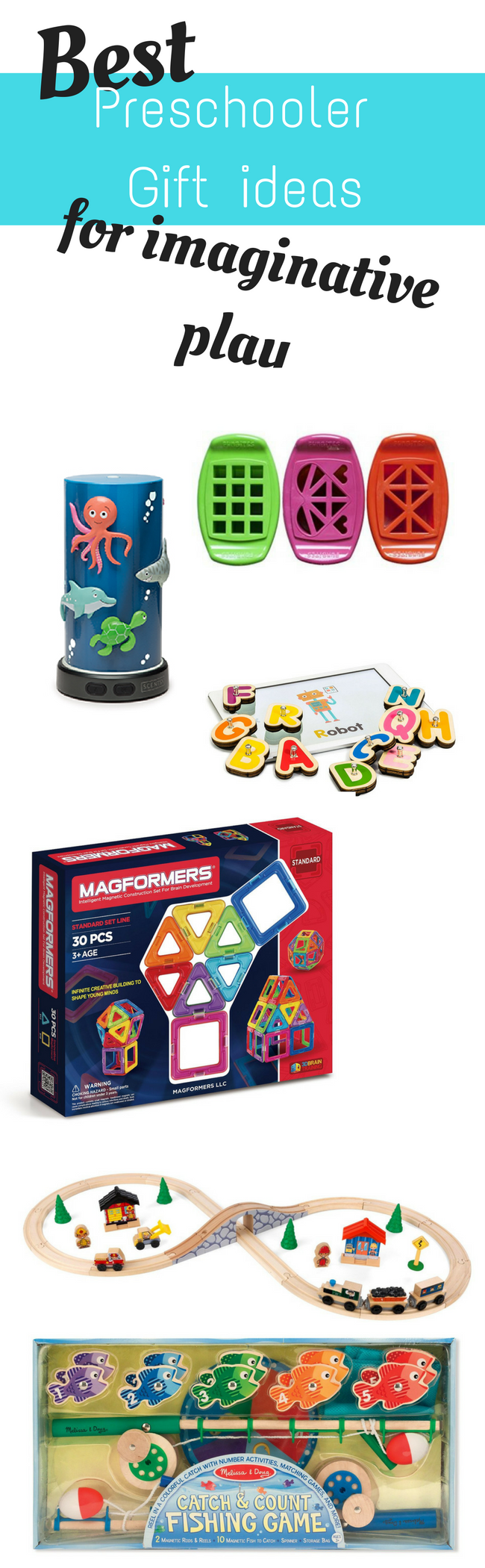 Fun gift ideas for preschoolers. These gift ideas are perfect for a preschool aged child. They encourage imagination and learning.