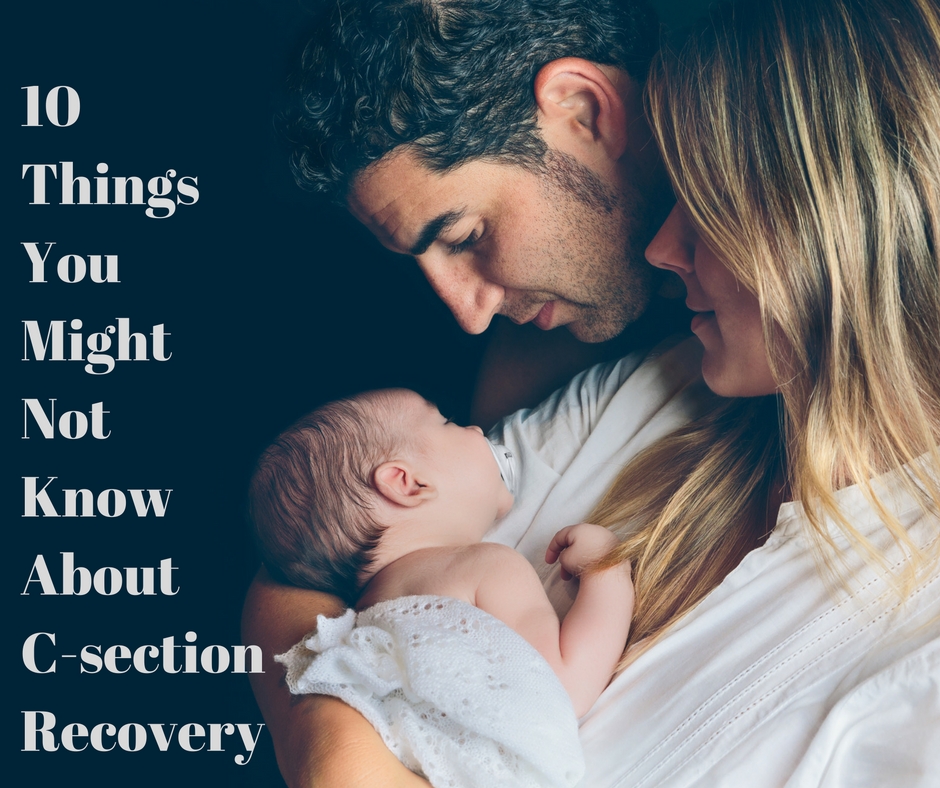 Parents with their new born, C-section recovery related banner