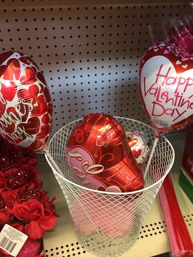 Valentine\'s Day Balloons displayed in Dollar Tree