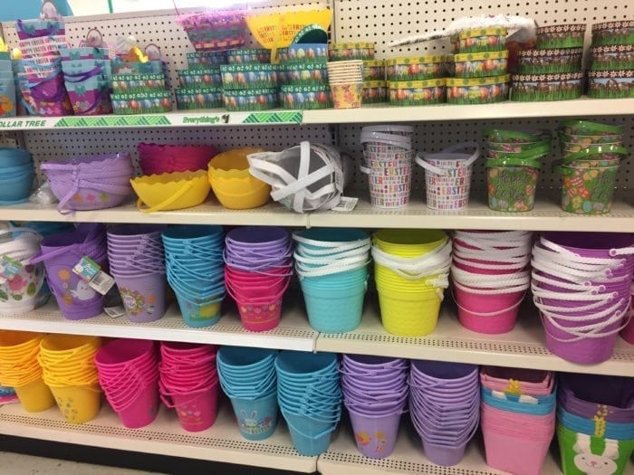 Lots of colored buckets on display