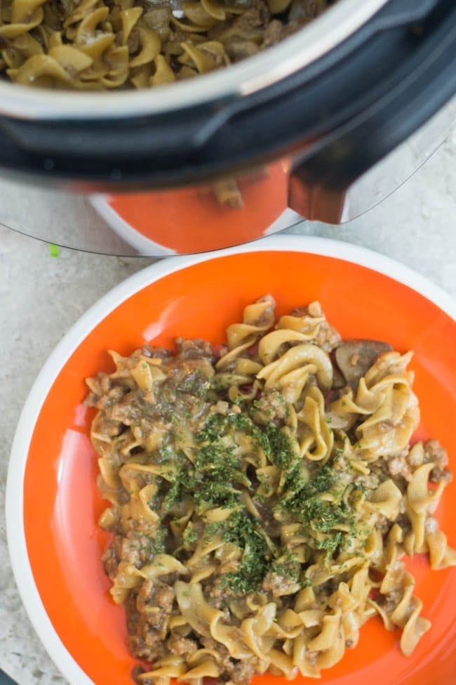 A bowl of food with broccoli, with Beef Stroganoff and Recipes