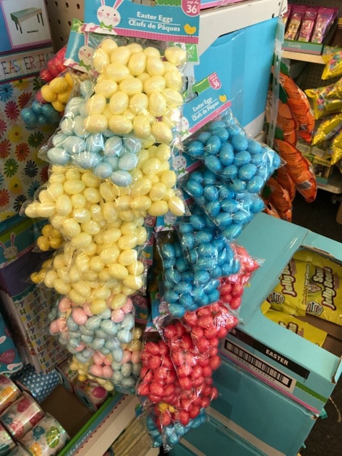Colored decoration balls on display in Dollar Tree and Basket