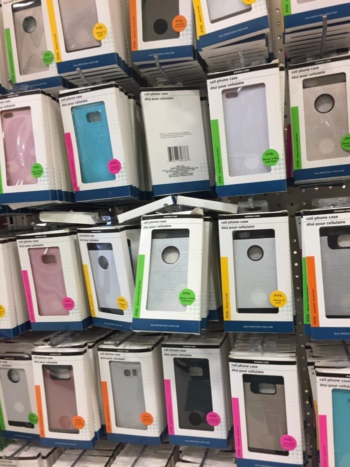 A bunch of phone covers on display